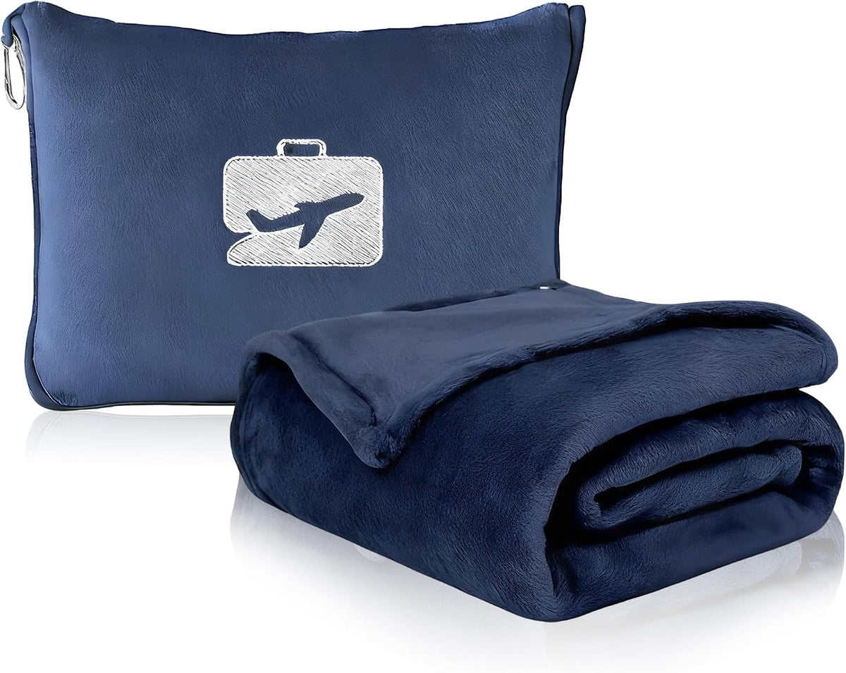 Travel Blanket and Pillow, Ultra Soft 2 in 1 Airplane Blanket with Compact Pillowcase, Luggage Strap, Lightweight Travel Essential, Ideal for Long Flights, Camping, Sunset (Light Pink)