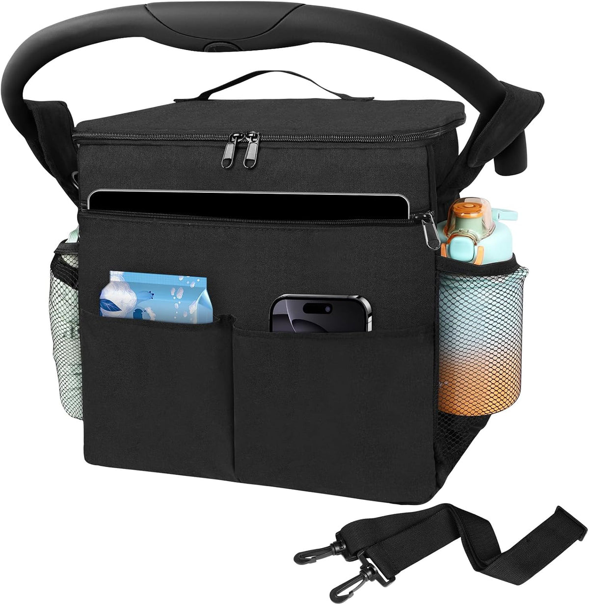 Pram Bag,Upgraded Pram Organiser with Touch Screen Phone Pocket,Stroller Organizer with 2 Mesh Bag and Adjustable Shoulder Strap,Baby Pushchair Organiser for Diapers,Wipes,Bottles,Keys(Black)