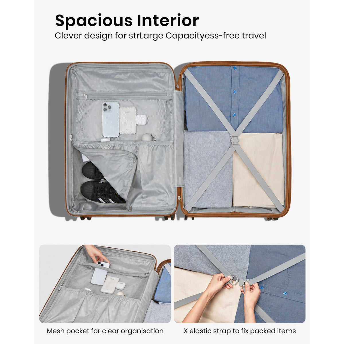 Kono Hard Shell Scratch-Resistant PP Luggage with Cup Holder