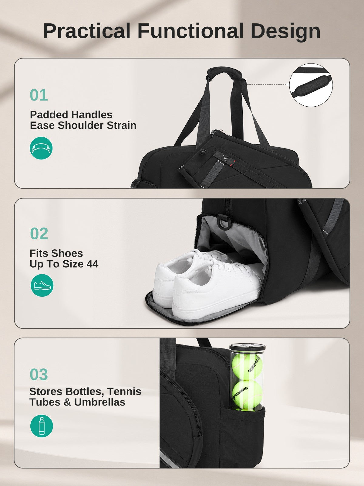 Kono 25L Unisex Modular Tennis Travel Bag, Water Repellent Nylon Gym Bag
