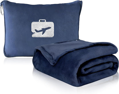 Travel Blanket and Pillow, Ultra Soft 2 in 1 Airplane Blanket with Compact Pillowcase, Luggage Strap, Lightweight Travel Essential, Ideal for Long Flights, Camping, Sunset (Light Pink)