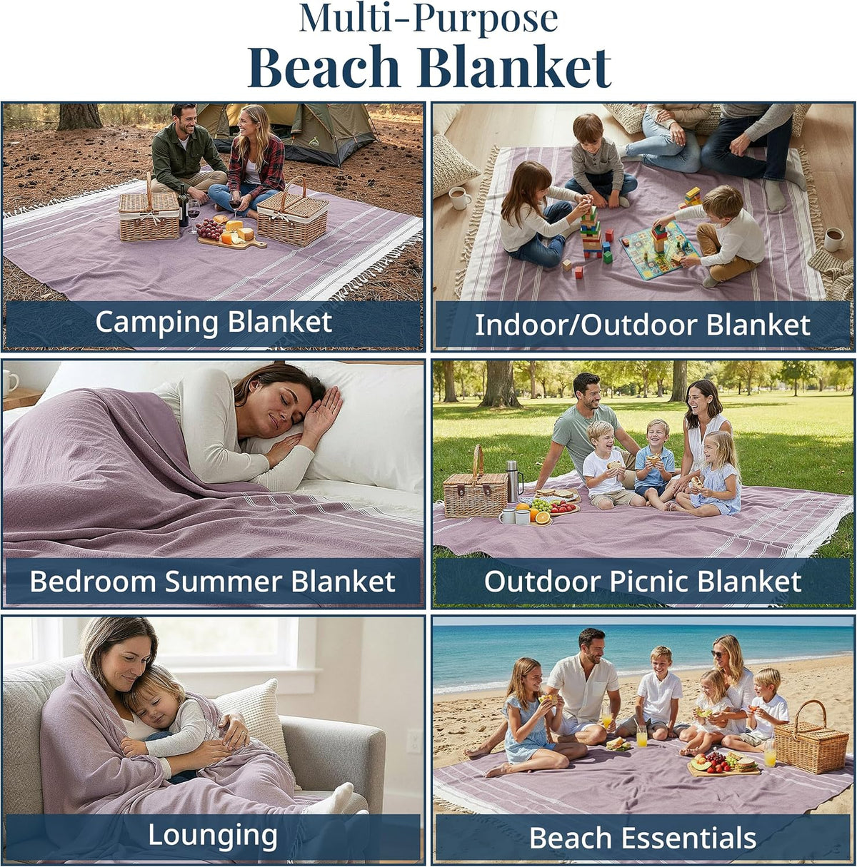 Extra Large Turkish Cotton Beach Towel Blanket – Jumbo Sand-Free Quick Dry Travel Blanket – Oversized 208X208 Cm Towel for Camping, Beach & Picnic - Regal Orchid