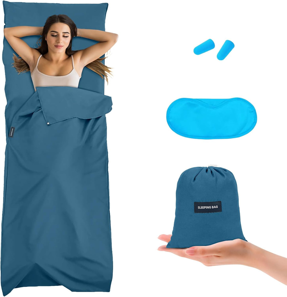 Sleeping Bag Liner 210 X 75 Cm, Portable Camping Sleep Bag with Pillow Slot, Lightweight Travel Sleeping Bag for Camping Picnic Hiking Hostels