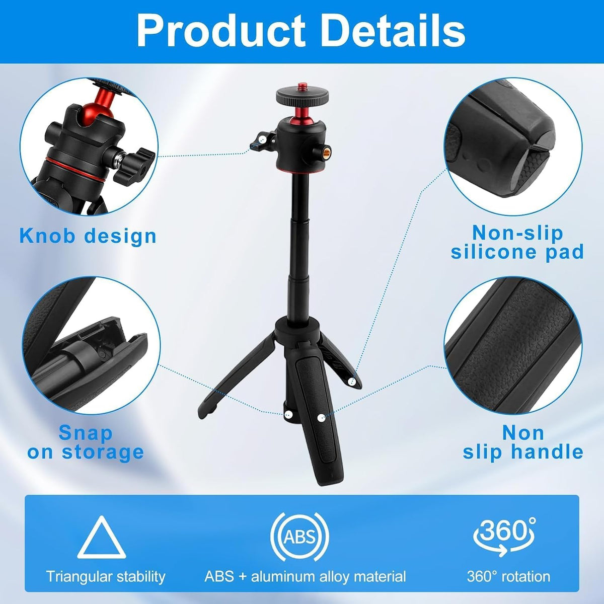 Mini Camera Tripod Selfie Stick Travel Tripod Compact Phone Holder, Black