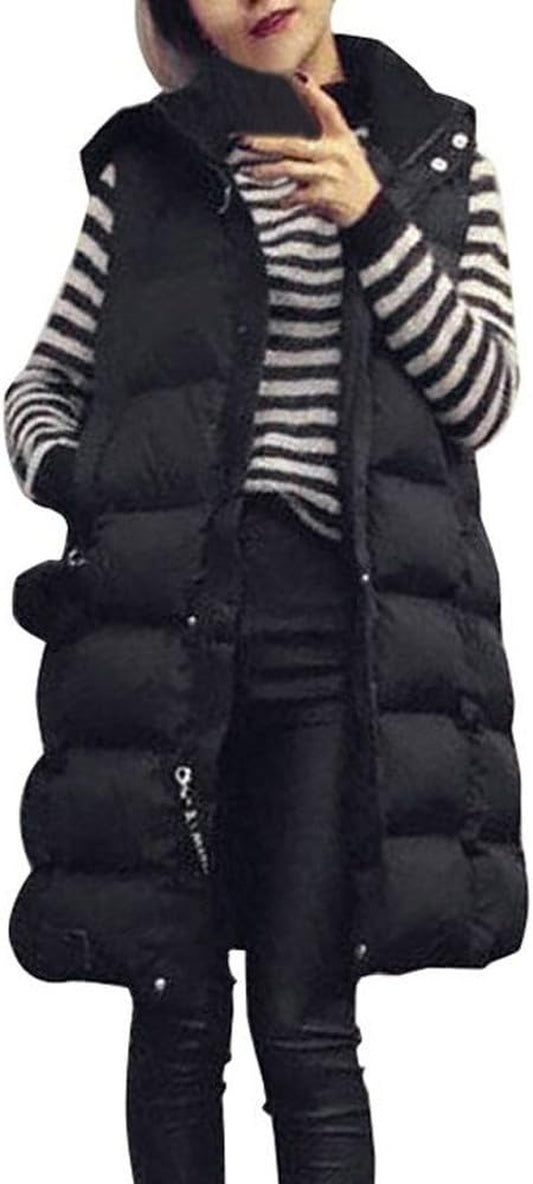 Women Long Cotton Padded Waistcoat Coat Hooded Vest Gilet Jacket Winter Parka Ladies Warm Quilted Padded Lightweight Trench Outwear Long Sleeve Tops Cardigan