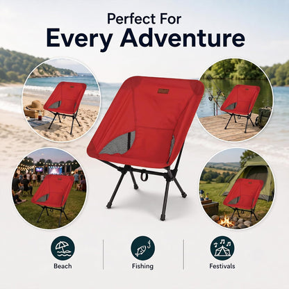 Folding Camping Chair, Pack of 1 - Compact & Lightweight Outdoor Chair for Adults, Comfortable Sitting, Ideal for Garden, Beach, Picnic, and Adventures (Red)
