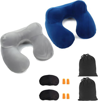 Inflatable Travel Pillow for Airplane Inflatable Neck Pillow for Traveling, Compact Ergonomic Neck Pillow Kits with Ear Plug and Eye Mask, Sleeping Rest Cushion for Airplane, Car, and Train (Blue)