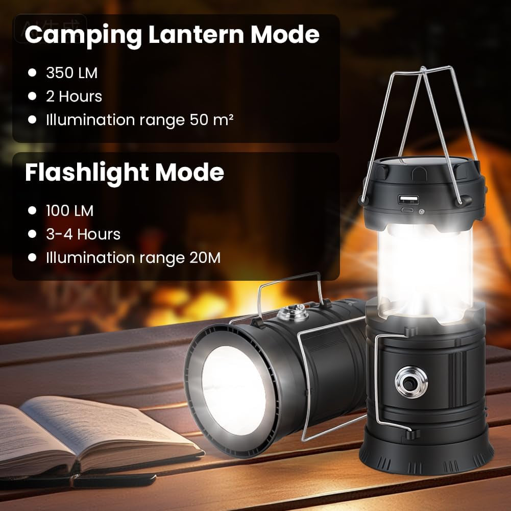 Camping Lantern, Rechargeable Camping Lights with Solar, Camping Lantern Battery Powered with Foldable Hook, LED Solar Camping Lamp for Emergency, Hiking, Camping, Fishing, SOS, Outdoor