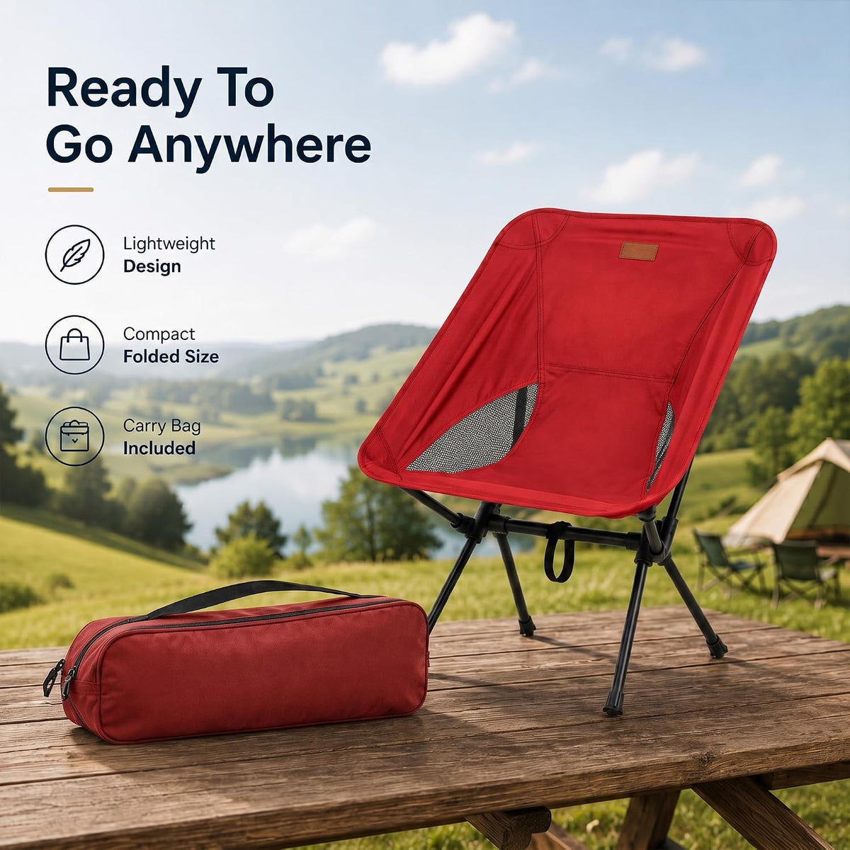 Folding Camping Chair, Pack of 1 - Compact & Lightweight Outdoor Chair for Adults, Comfortable Sitting, Ideal for Garden, Beach, Picnic, and Adventures (Red)