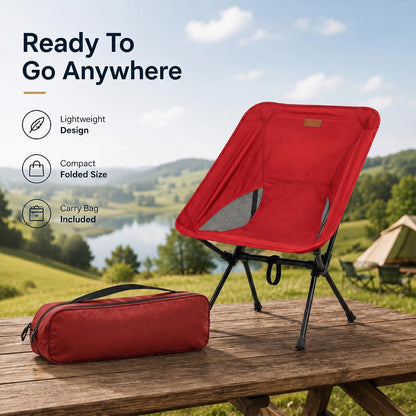 Folding Camping Chair, Pack of 1 - Compact & Lightweight Outdoor Chair for Adults, Comfortable Sitting, Ideal for Garden, Beach, Picnic, and Adventures (Red)