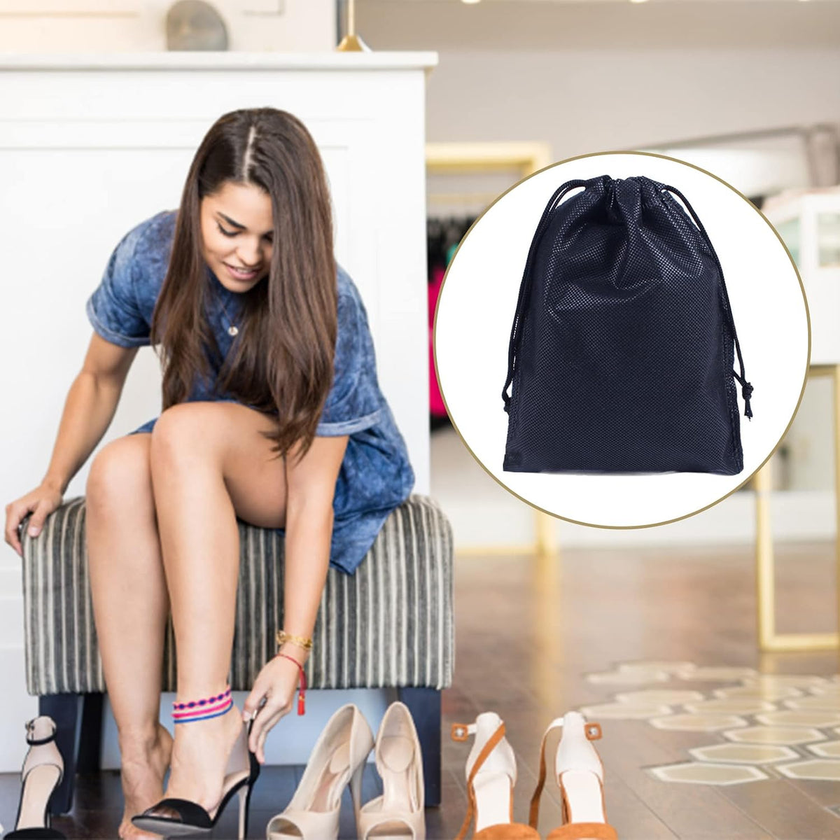 2PCS Drawstring Shoe Bags Travel Storage Bags Dust-Proof Cloth Bag Drawstring Storage Bag,Portable Travel Non-Woven Shoe Packing Organizers Tote Bags for Men Women Daily Home Travel Use(Black)