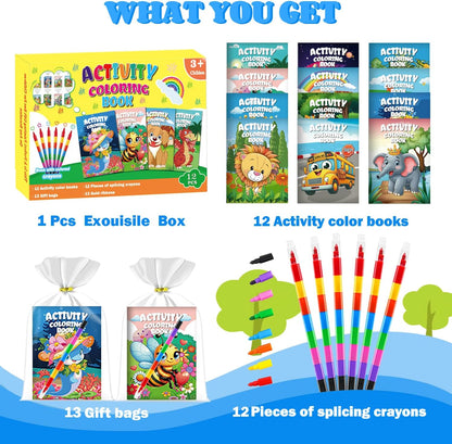 12 Pack Mini Colouring Books for Party Bags with 8-In-1 Crayons