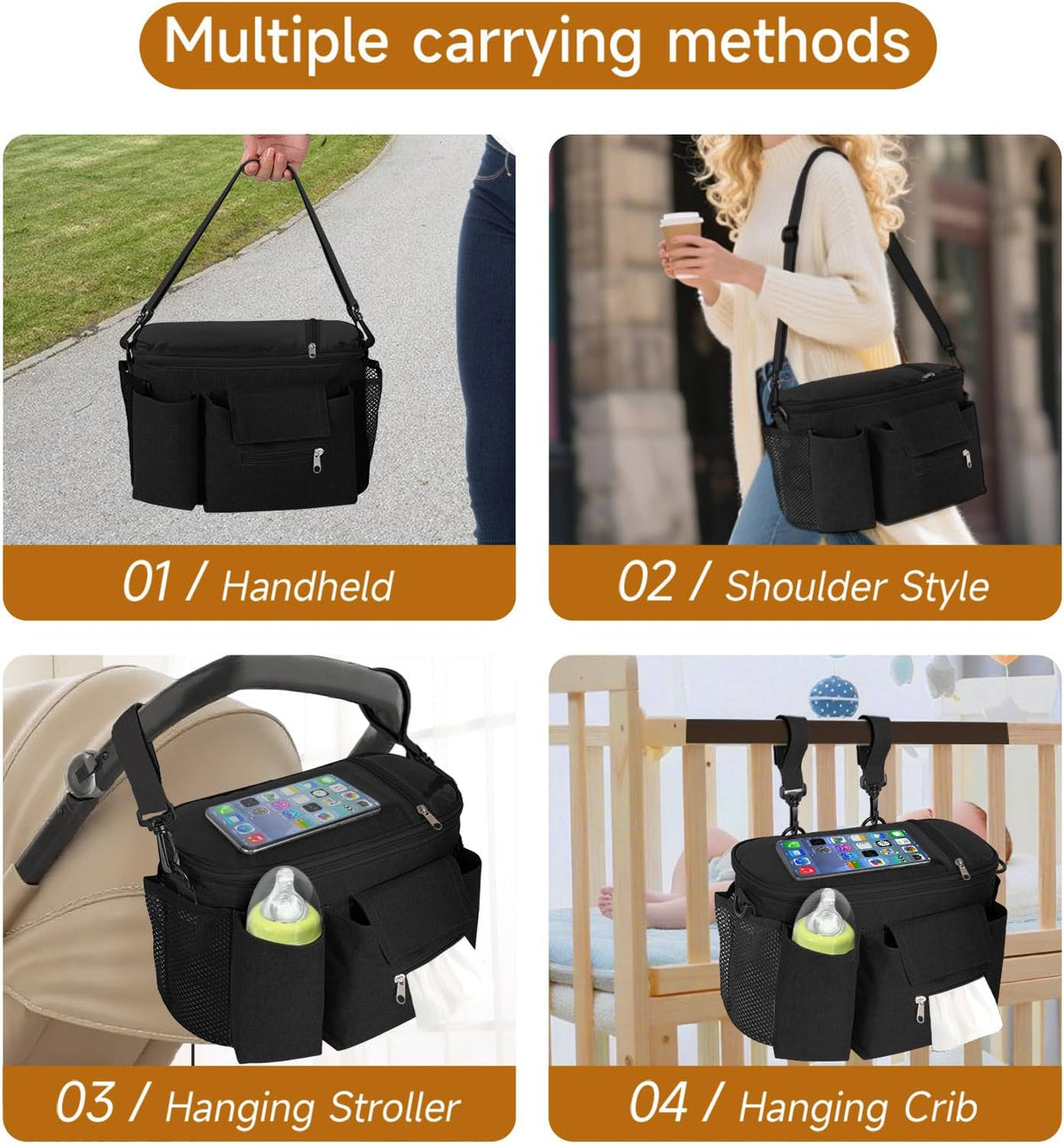 Pram Bag,Upgraded Pram Organiser with Touch Screen Phone Pocket,Stroller Organizer with 2 Mesh Bag and Adjustable Shoulder Strap,Baby Pushchair Organiser for Diapers,Wipes,Bottles,Keys(Black)