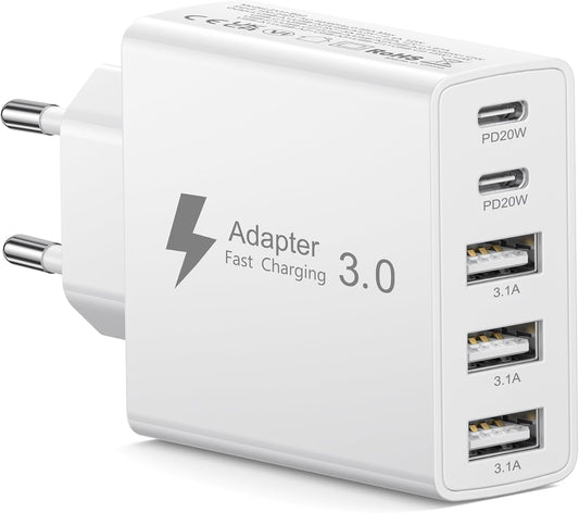 EU Travel Adapter Charger, European Plug Adapter Fast Charging with 2 USB C&3 USB A, 50W European Wall Adaptor Eu Adaptor Plug Fast Charger Compatible with Iphone 18 Pro 17 16 15, Samsung Galaxy S25