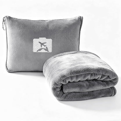 Travel Blanket and Pillow, Ultra Soft 2 in 1 Airplane Blanket with Compact Pillowcase, Luggage Strap, Lightweight Travel Essential, Ideal for Long Flights, Camping, Sunset (Light Pink)
