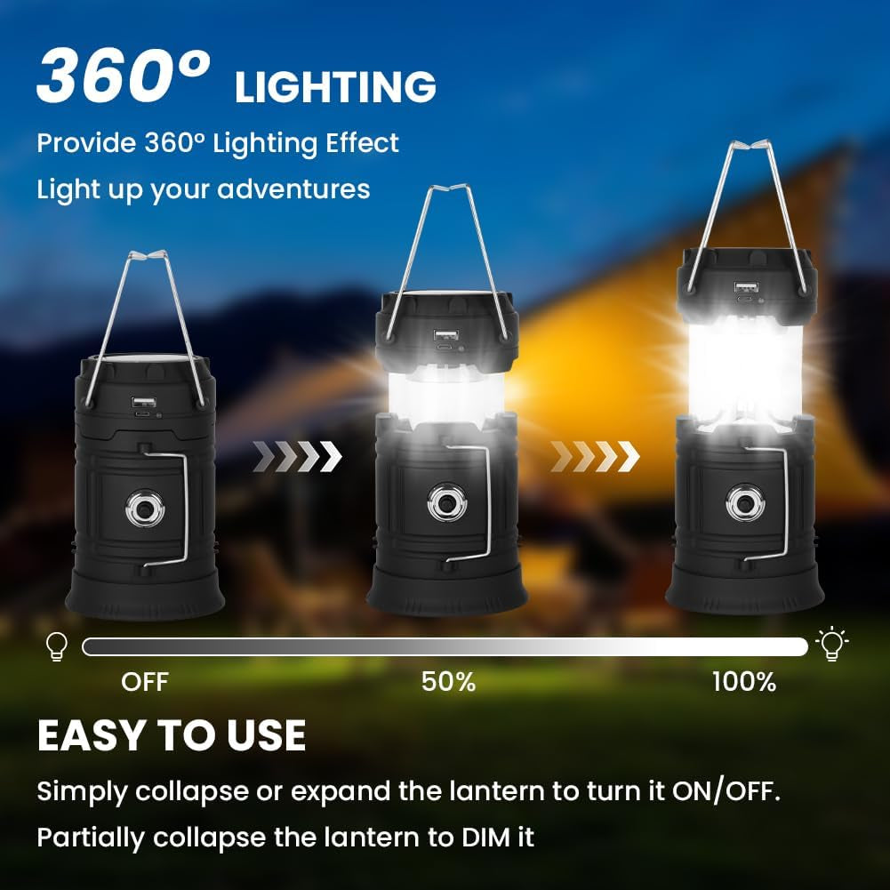 Camping Lantern, Rechargeable Camping Lights with Solar, Camping Lantern Battery Powered with Foldable Hook, LED Solar Camping Lamp for Emergency, Hiking, Camping, Fishing, SOS, Outdoor
