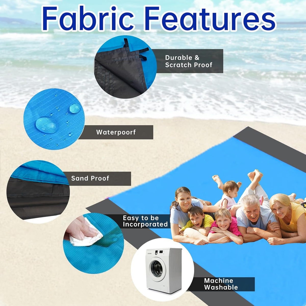 Beach Blanket Beach Mat, 280X300Cm Picnic Blanket Extra Large, Sandless Waterproof Beach Mats with 4 Stakes for 7-10 Adults,Sand Free Beach Accessories,Camping,Outdoor Essentials