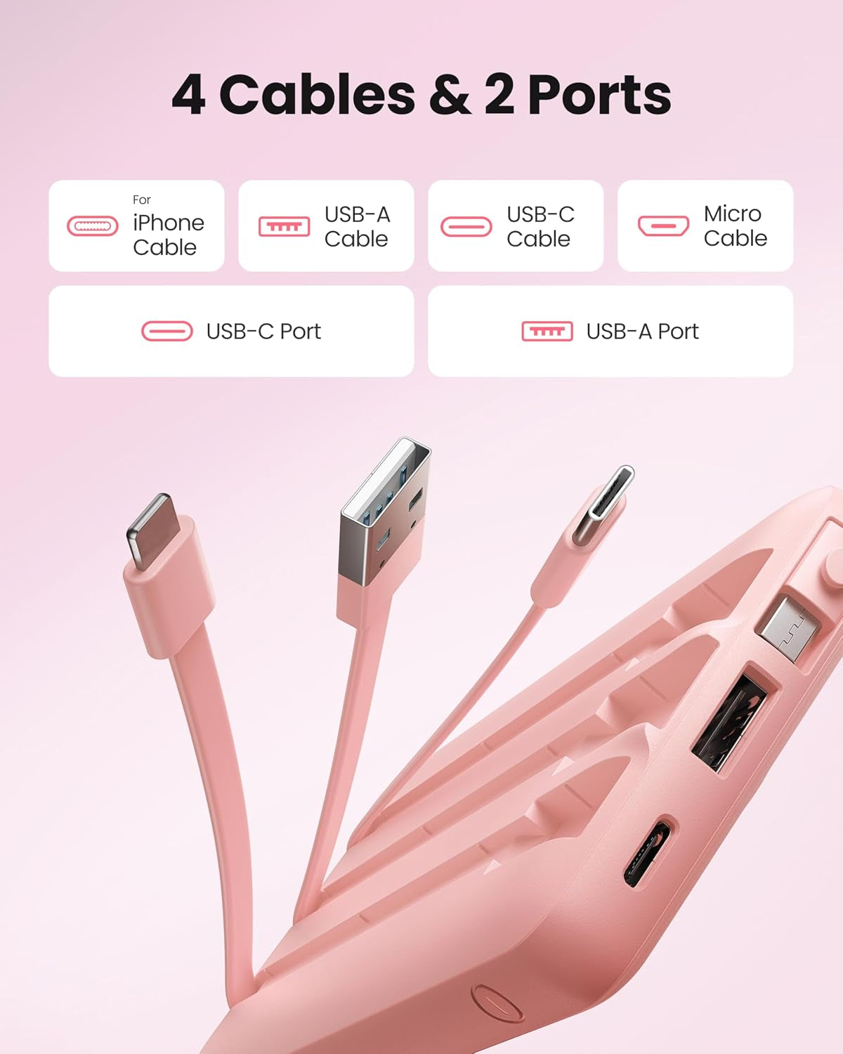 Power Bank, Slim 10000Mah Portable Charger with 4 Built in Cables
