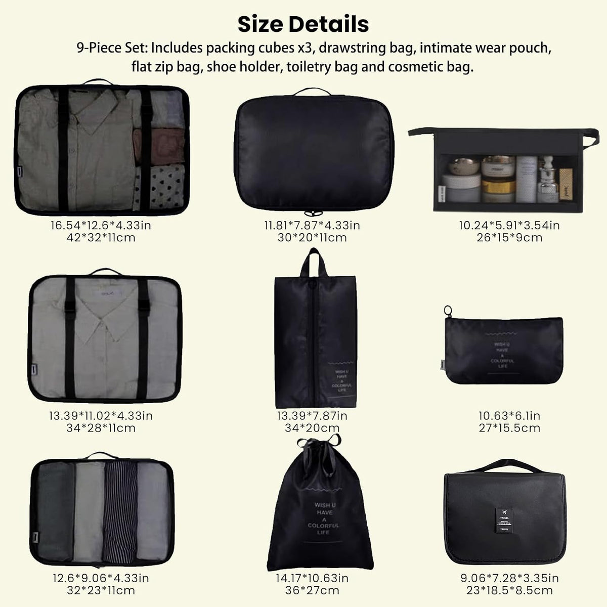 9 PCS Packing Cubes for Suitcases Waterproof Packing Cubes Black