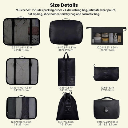 9 PCS Packing Cubes for Suitcases Waterproof Packing Cubes Black
