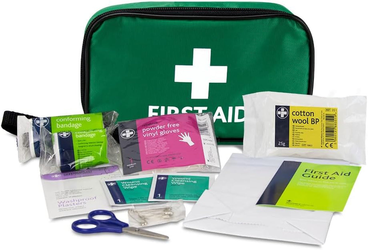 - (REL416) Handy Travel First Aid Kit, Travel Pouch With, Bandages, Cotton Wool Balls, Gloves, Plasters, Safety Pins, Scissors, Slick Bag and Cleansing Wipes (Green)