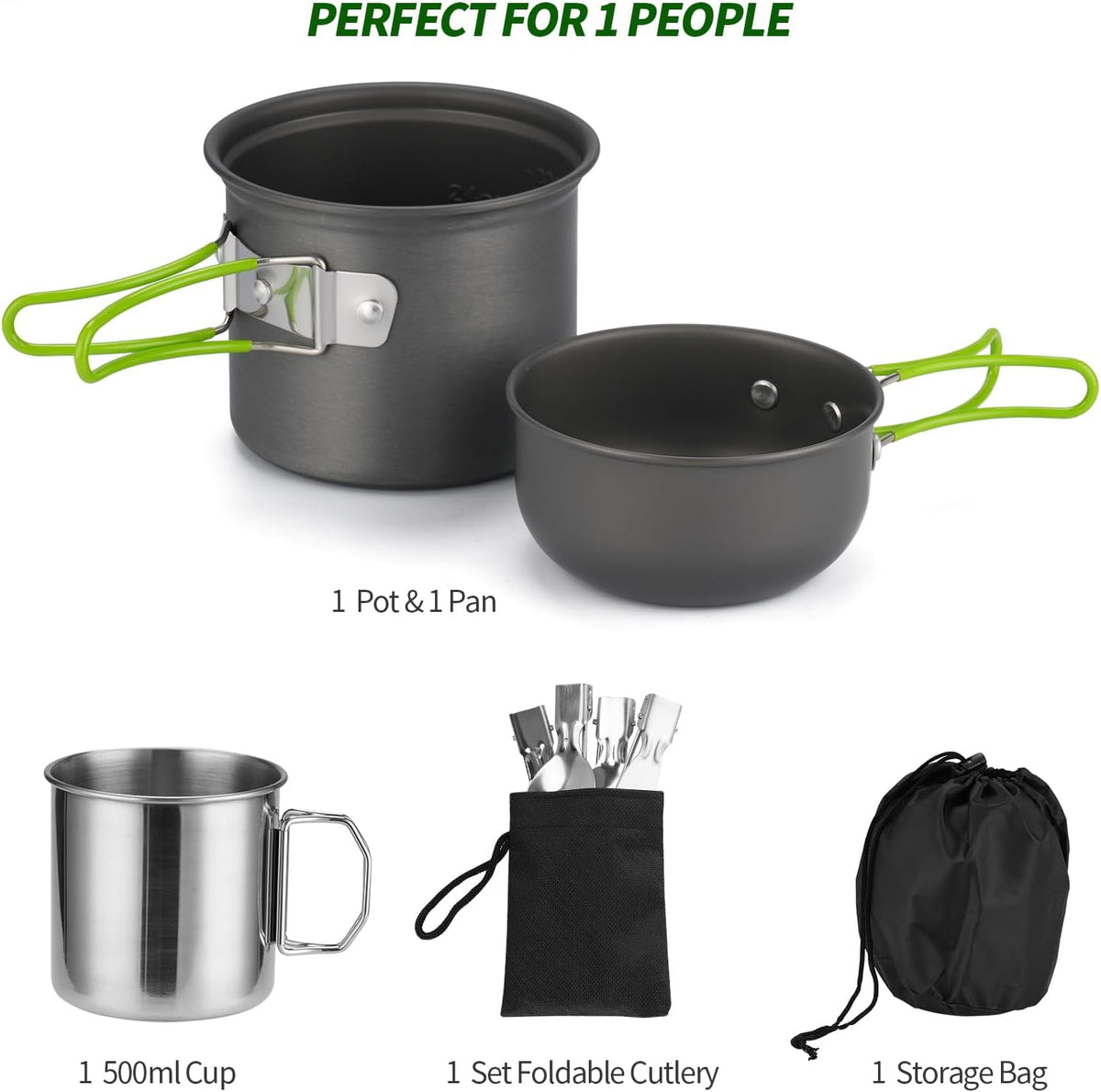 Camping Cookware Mess Kit for 1 People, Camping Non-Stick Cooking Set Include Backpack Pot and Pan Set with 304 Stainless Steel Cup and Utensil Set for Traveling Trekking and Hiking