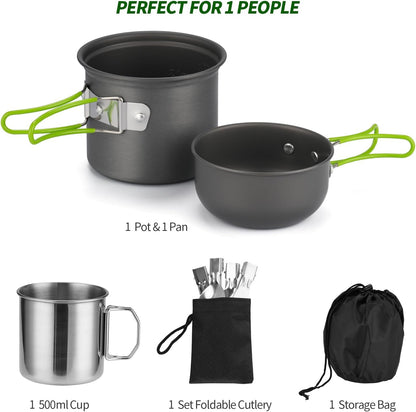 Camping Cookware Mess Kit for 1 People, Camping Non-Stick Cooking Set Include Backpack Pot and Pan Set with 304 Stainless Steel Cup and Utensil Set for Traveling Trekking and Hiking