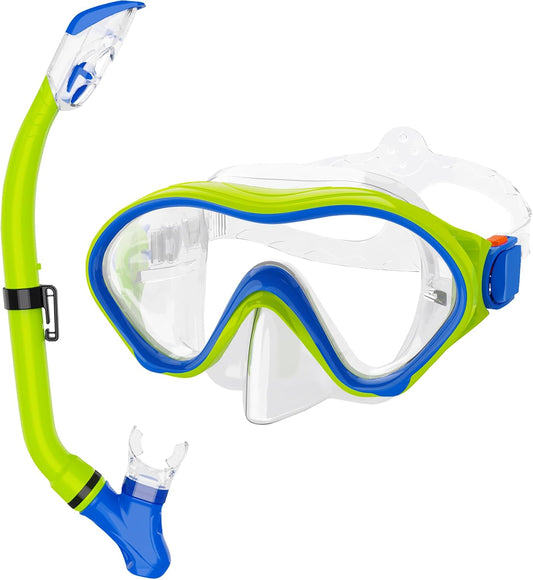 Snorkeling Gear for Kids with Foldable Silicone Full Dry Snorkel, Kids Snorkel Set anti Leak Youth Junior Snorkeling Package Diving Mask Soft Tube with Mesh Bag Swimming Goggles