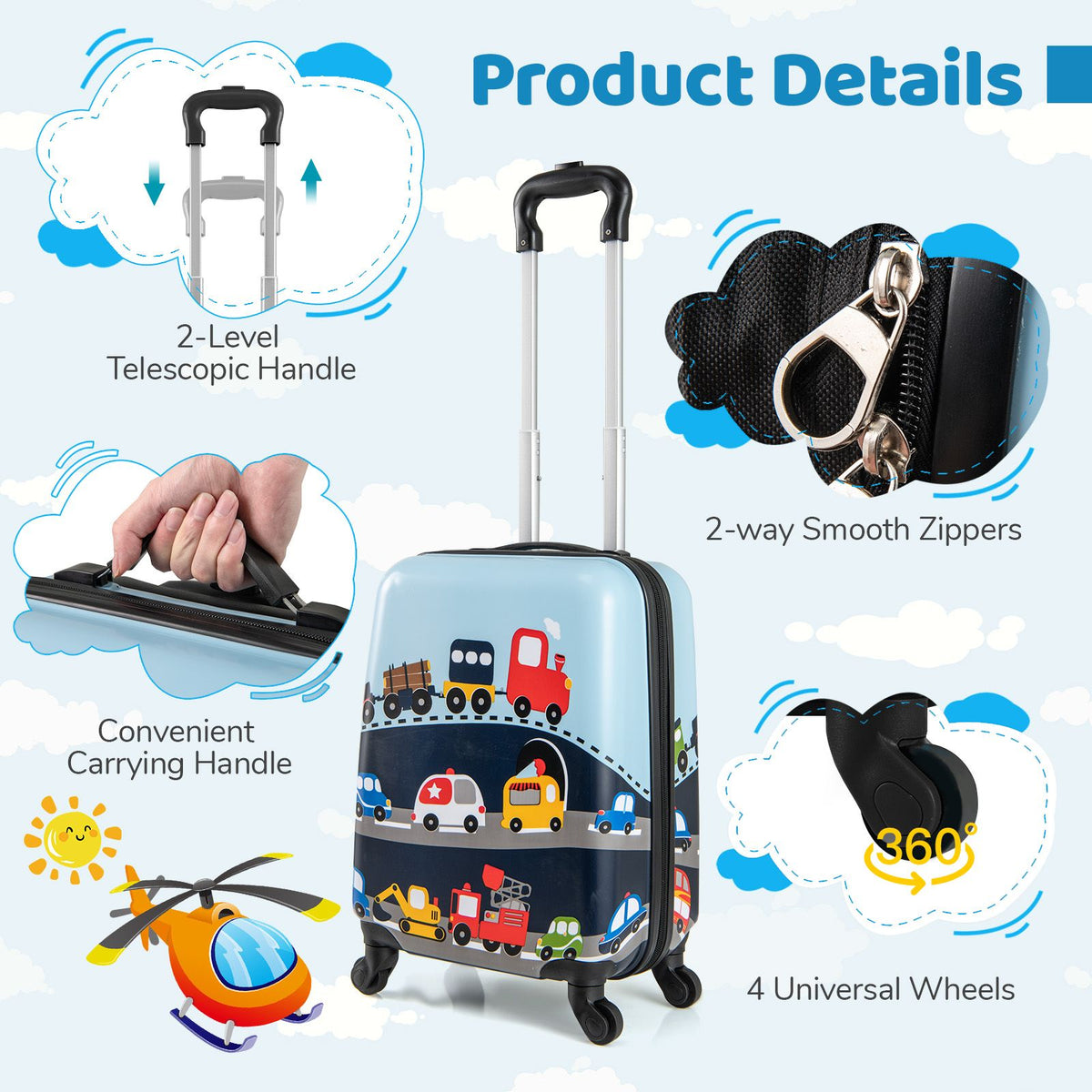 2 Pieces Kid Luggage Set with 4 Spinner Wheels and Telescopic Handle