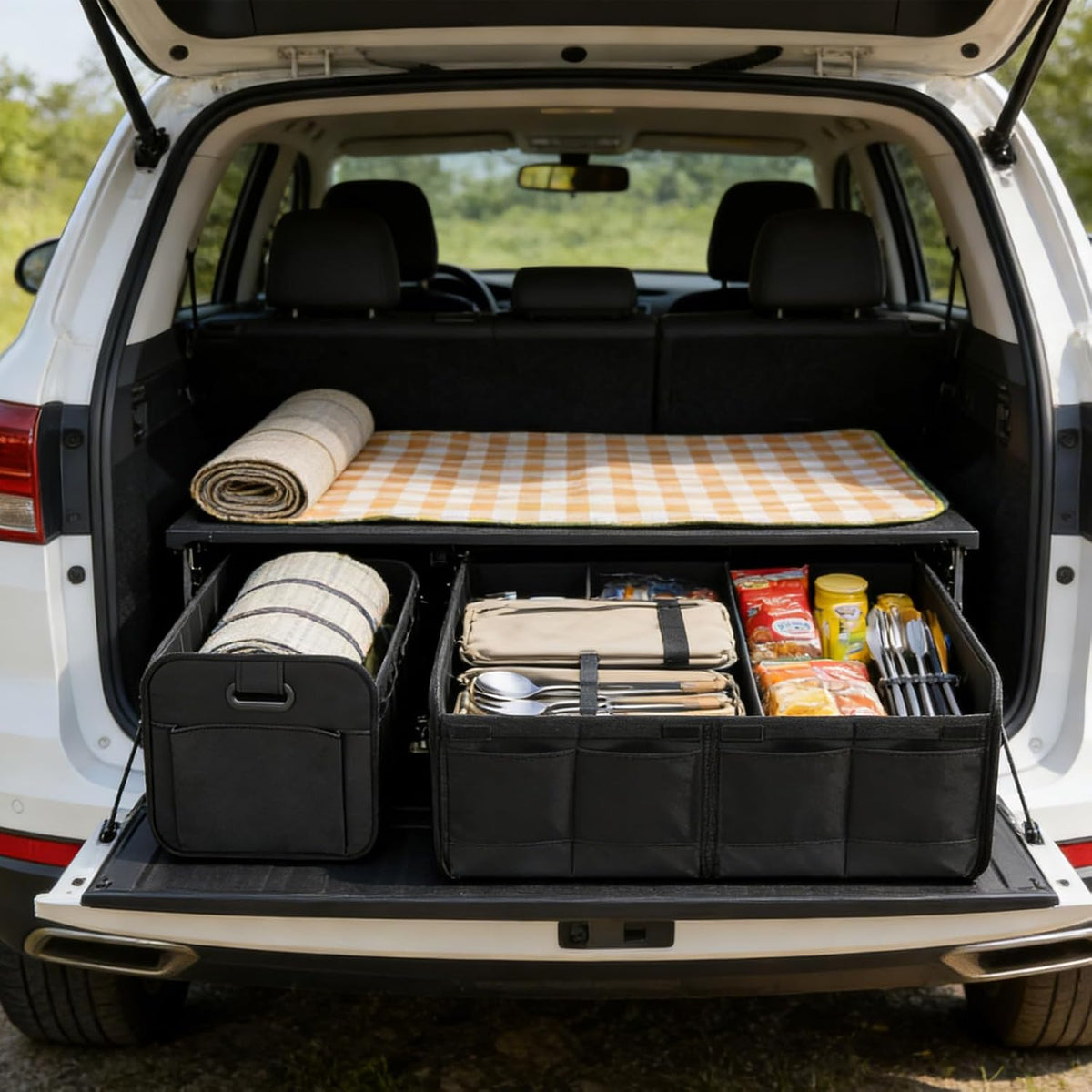 Car Boot Organiser, Large-Capacity Auto Trunk Organizer, Trunk Organiser Collapsible Multi Compartment with Reinforced Base and Comfort Handle for Cars Suvs Trucks(Black)