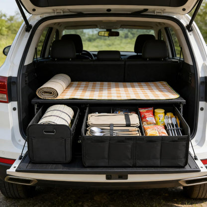 Car Boot Organiser, Large-Capacity Auto Trunk Organizer, Trunk Organiser Collapsible Multi Compartment with Reinforced Base and Comfort Handle for Cars Suvs Trucks(Black)