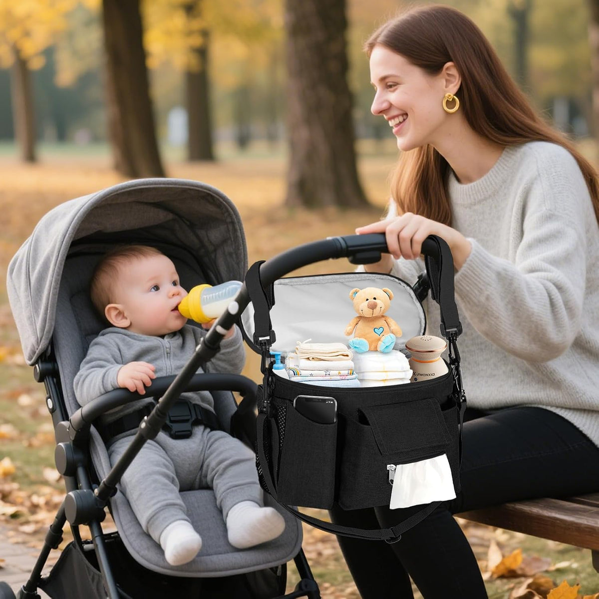 Pram Bag,Upgraded Pram Organiser with Touch Screen Phone Pocket,Stroller Organizer with 2 Mesh Bag and Adjustable Shoulder Strap,Baby Pushchair Organiser for Diapers,Wipes,Bottles,Keys(Black)