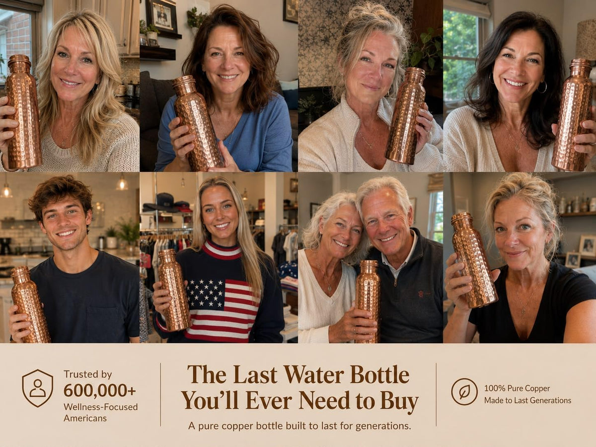 Hand Hammered Pure Copper Water Bottle 950 Ml – Ayurvedic Leakproof Metal Sports & Gym Water Bottle | BPA Free Large Water Bottle for Yoga Travel and Office Canvas Bag & Brush Lab Tested