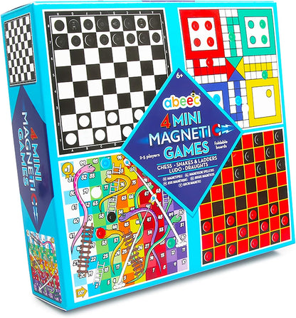 4 Mini Magnetic Games – 4 X Travel Games Includes Chess, Snakes and Ladders, Ludo & Draughts – Plane Activities for Kids - Travel & Pocket Games - Mini Travel Games