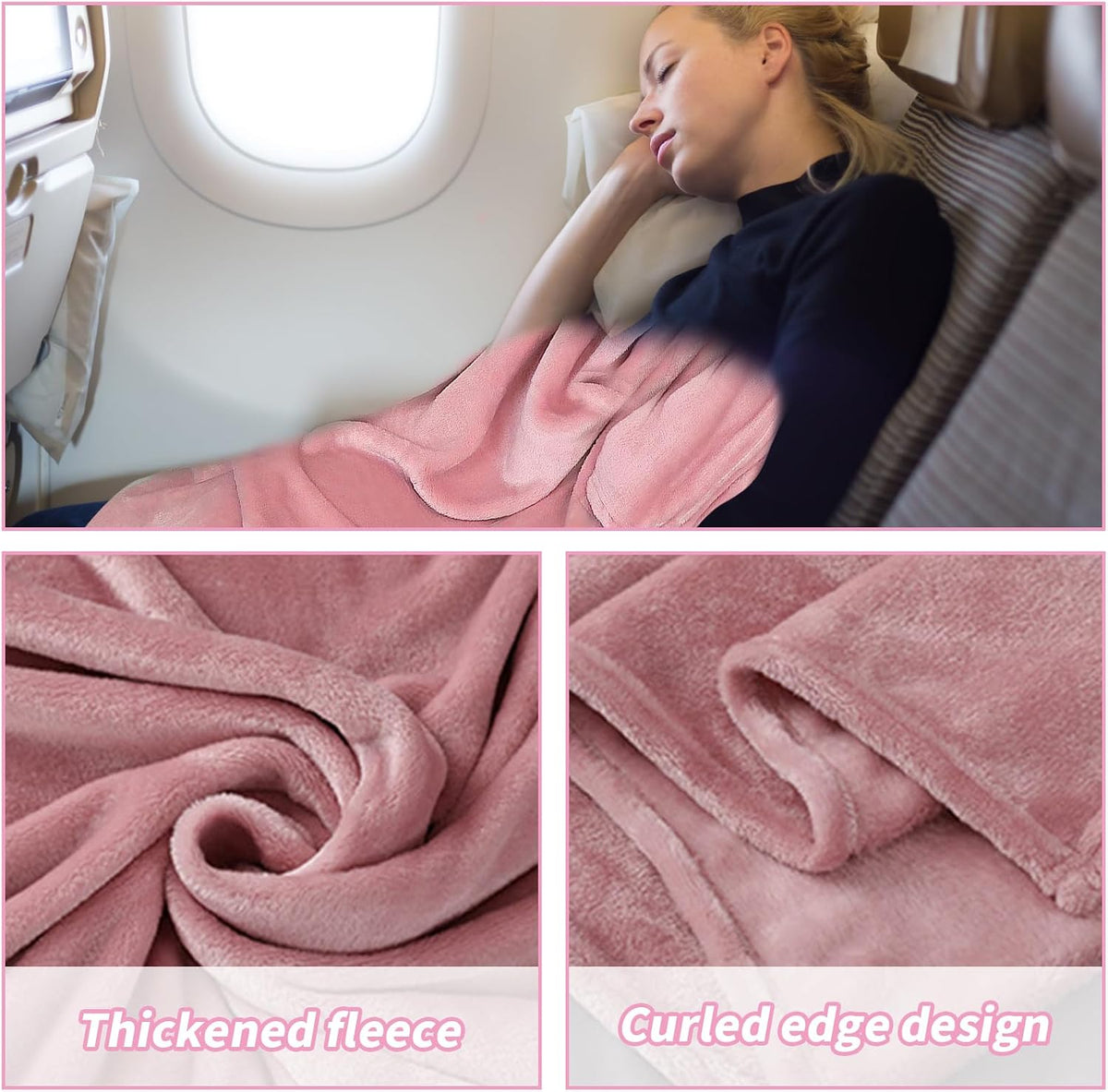 Travel Blanket and Pillow, Ultra Soft 2 in 1 Airplane Blanket with Compact Pillowcase, Luggage Strap, Lightweight Travel Essential, Ideal for Long Flights, Camping, Sunset (Light Pink)