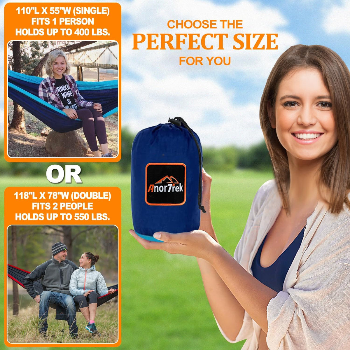 Camping Hammock, Super Lightweight Portable Parachute Hammock with Two Tree Straps Single or Double Nylon Travel Tree Hammocks for Camping Backpacking Hiking