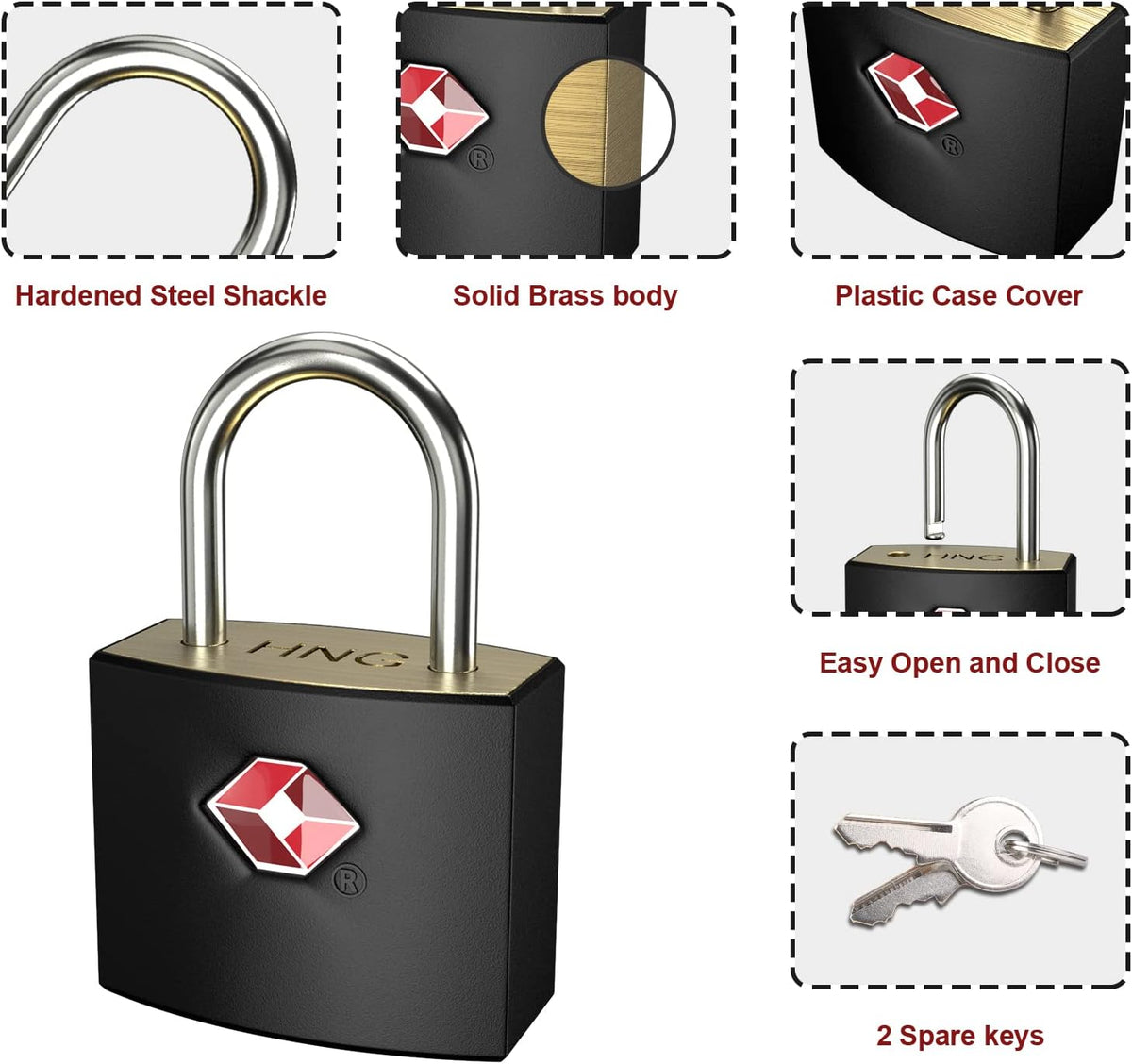 TSA Luggage Locks with Keys, [4 Packs][8 Keys]  Key Travel Locks, Suitcase Padlock for Luggage, Keyed Luggage Locks Brass for Gym Lockers, Laptop Bags,Travel Suitcases（Black