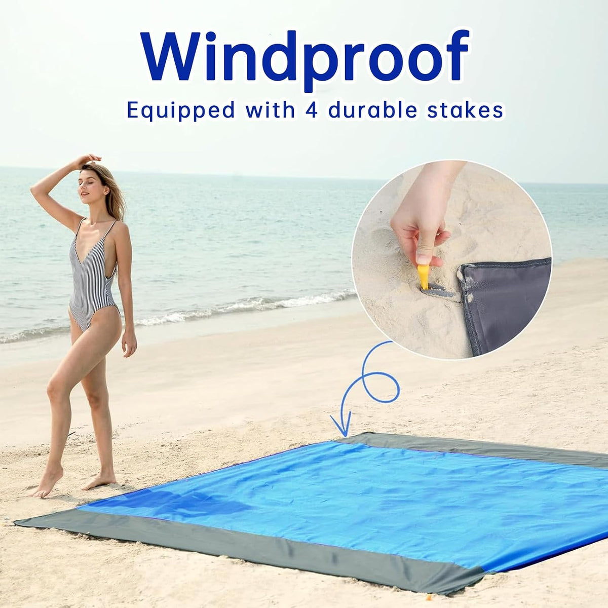 Beach Blanket Beach Mat, 280X300Cm Picnic Blanket Extra Large, Sandless Waterproof Beach Mats with 4 Stakes for 7-10 Adults,Sand Free Beach Accessories,Camping,Outdoor Essentials