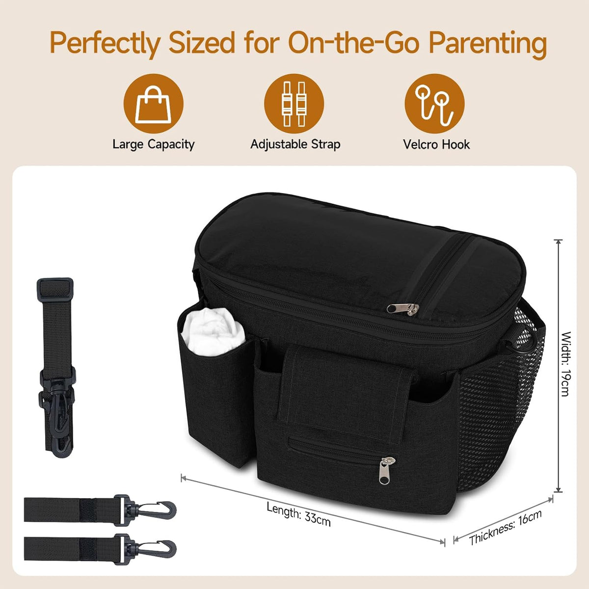 Pram Bag,Upgraded Pram Organiser with Touch Screen Phone Pocket,Stroller Organizer with 2 Mesh Bag and Adjustable Shoulder Strap,Baby Pushchair Organiser for Diapers,Wipes,Bottles,Keys(Black)