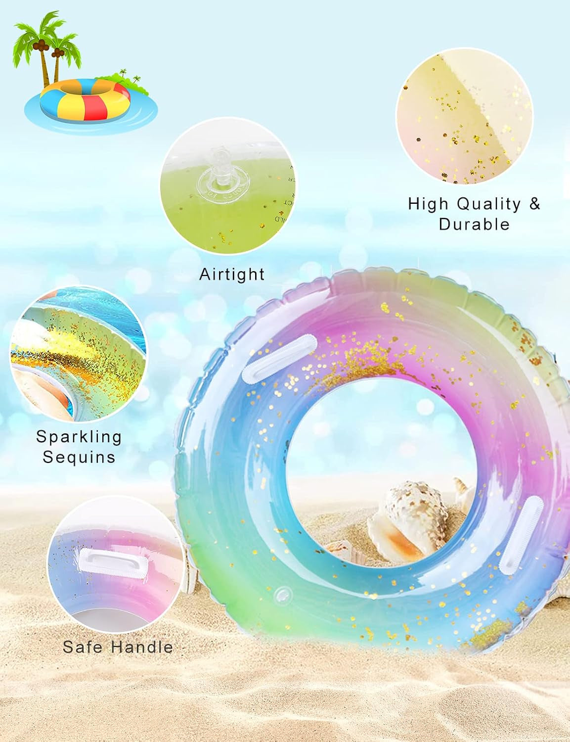 Swimming Ring Adults, Rainbow Sequins Swim Ring with Safy Handle, Transparent Floating Ring, Durable Inflatable Pool Floats, Swimming Ring Tube for Summer Pool Party and Water Sports