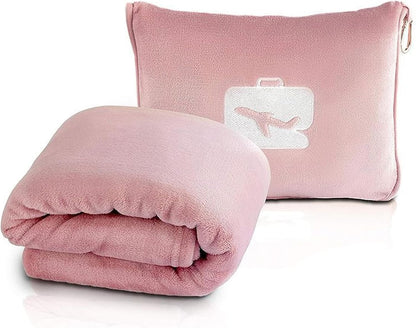Travel Blanket and Pillow, Ultra Soft 2 in 1 Airplane Blanket with Compact Pillowcase, Luggage Strap, Lightweight Travel Essential, Ideal for Long Flights, Camping, Sunset (Light Pink)