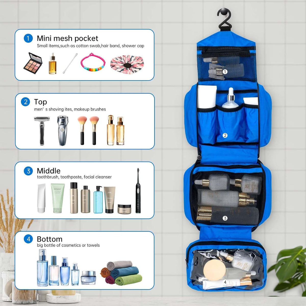 Hanging Toiletry Bag, Foldable Travel Wash Bag with Hanging Hook, Blue