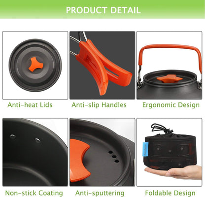 Camping Cookware Kit, Camping Cookware Set Outdoor Cooking Pot Pan Kettle Lightweight Camping Accessories Backpacking Hiking Gear for 2 to 3 People Picnic,Travel