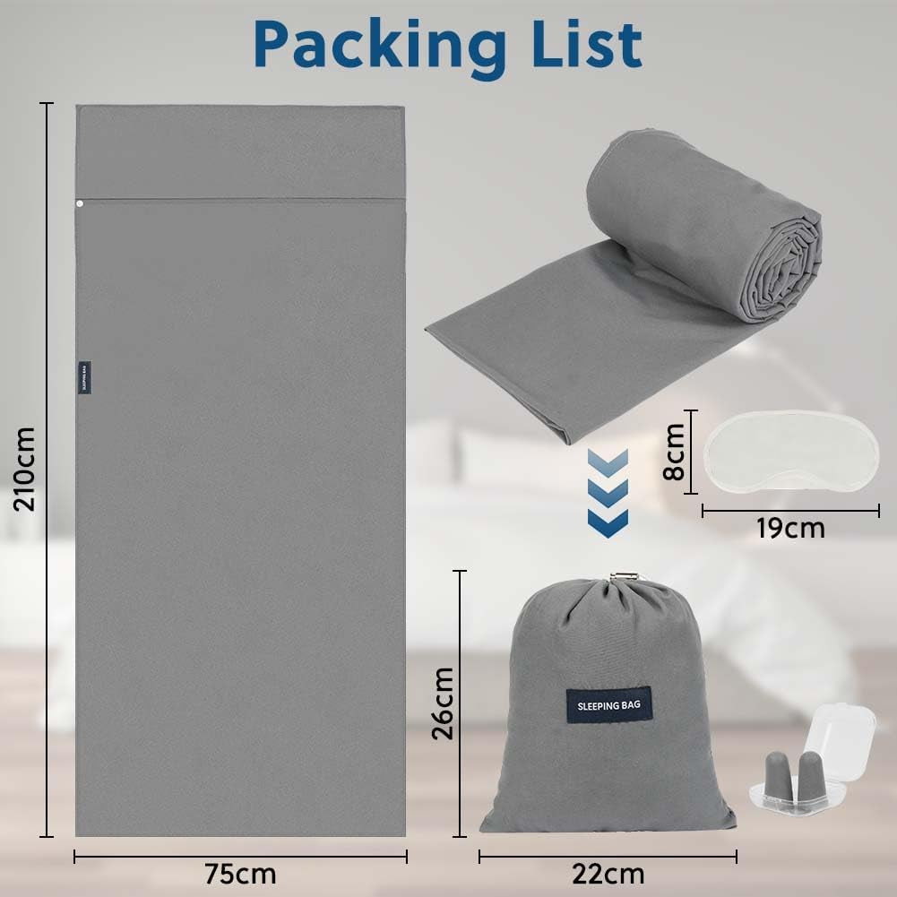 Sleeping Bag Liner 210 X 75 Cm, Portable Camping Sleep Bag with Pillow Slot, Lightweight Travel Sleeping Bag for Camping Picnic Hiking Hostels
