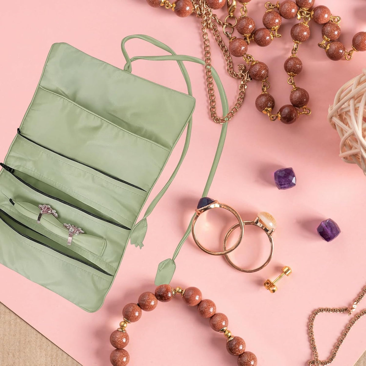 Jewellery Roll, Travel Jewellery Case, Travel Jewellery Organiser, Portable Hand Roll Bag Jewelry Bag for Necklace Ring Bracelet Storage, Foldable Ancient Style Pouch