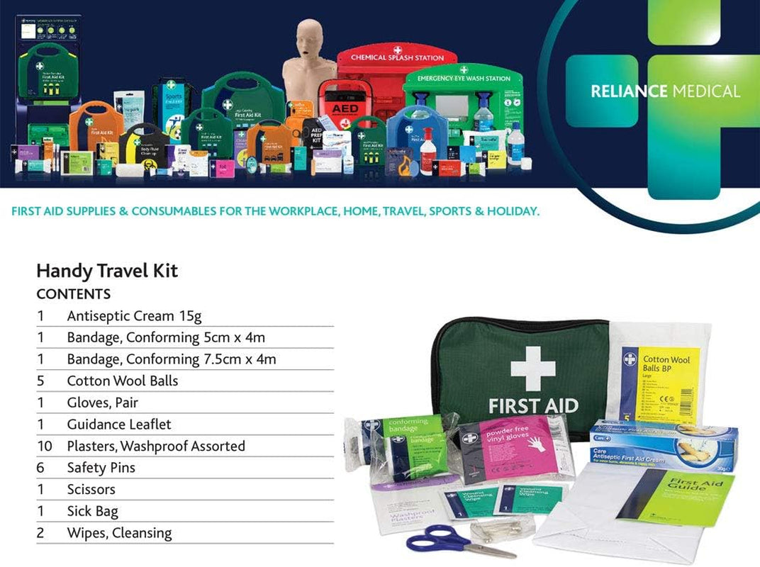 - (REL416) Handy Travel First Aid Kit, Travel Pouch With, Bandages, Cotton Wool Balls, Gloves, Plasters, Safety Pins, Scissors, Slick Bag and Cleansing Wipes (Green)