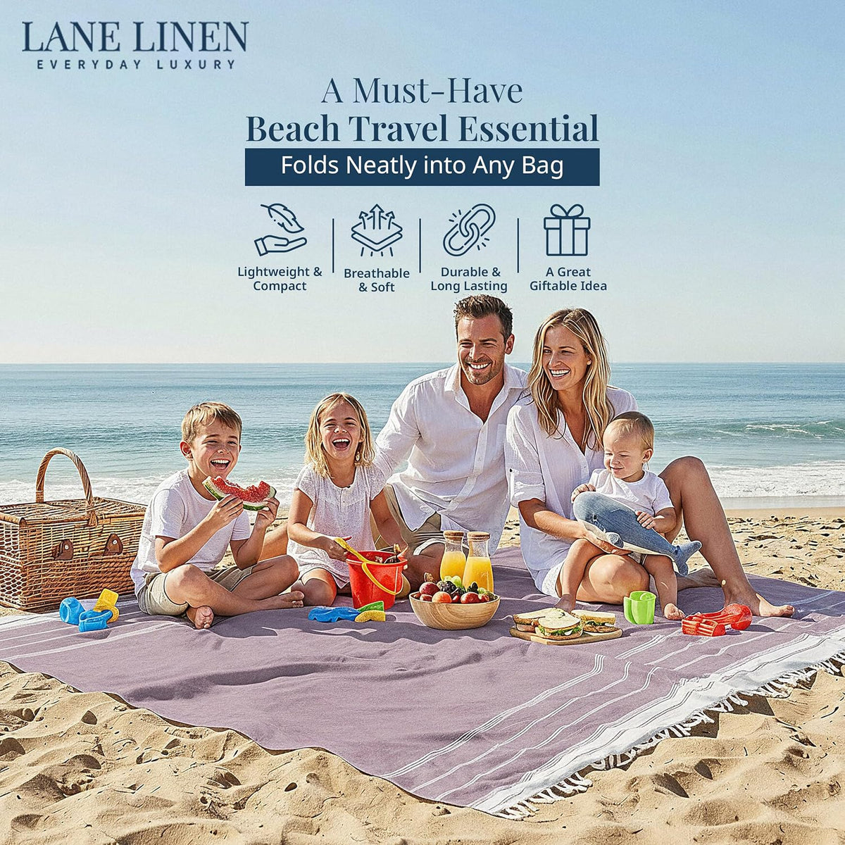 Extra Large Turkish Cotton Beach Towel Blanket – Jumbo Sand-Free Quick Dry Travel Blanket – Oversized 208X208 Cm Towel for Camping, Beach & Picnic - Regal Orchid