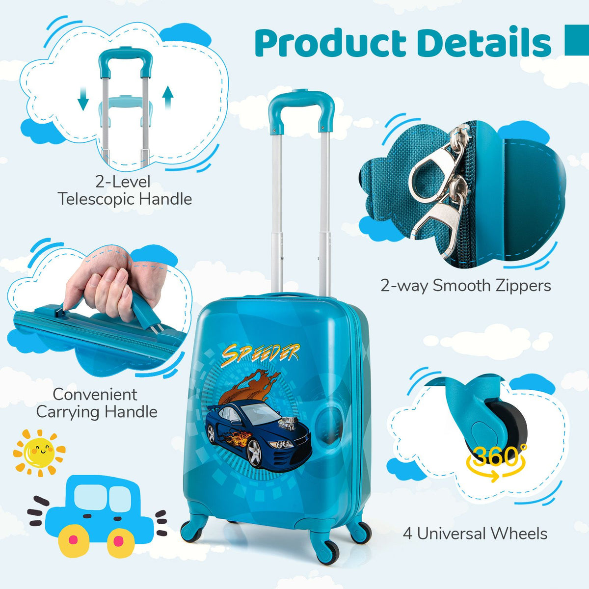 2 Pieces Kid Luggage Set with 4 Spinner Wheels and Telescopic Handle
