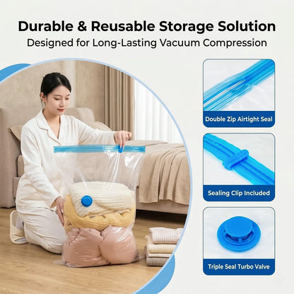 8 Vacuum Storage Bags with Hand Pump, (60 X 80Cm) Large Compression Storage Pack with Zip Seal, Space Saver Vacuum Pack Bags for Clothes, Bedding, Blankets, Luggage, Travel & Home