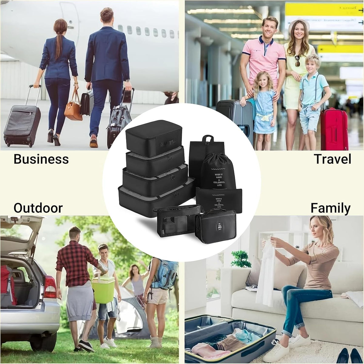 9 PCS Packing Cubes for Suitcases Waterproof Packing Cubes Black